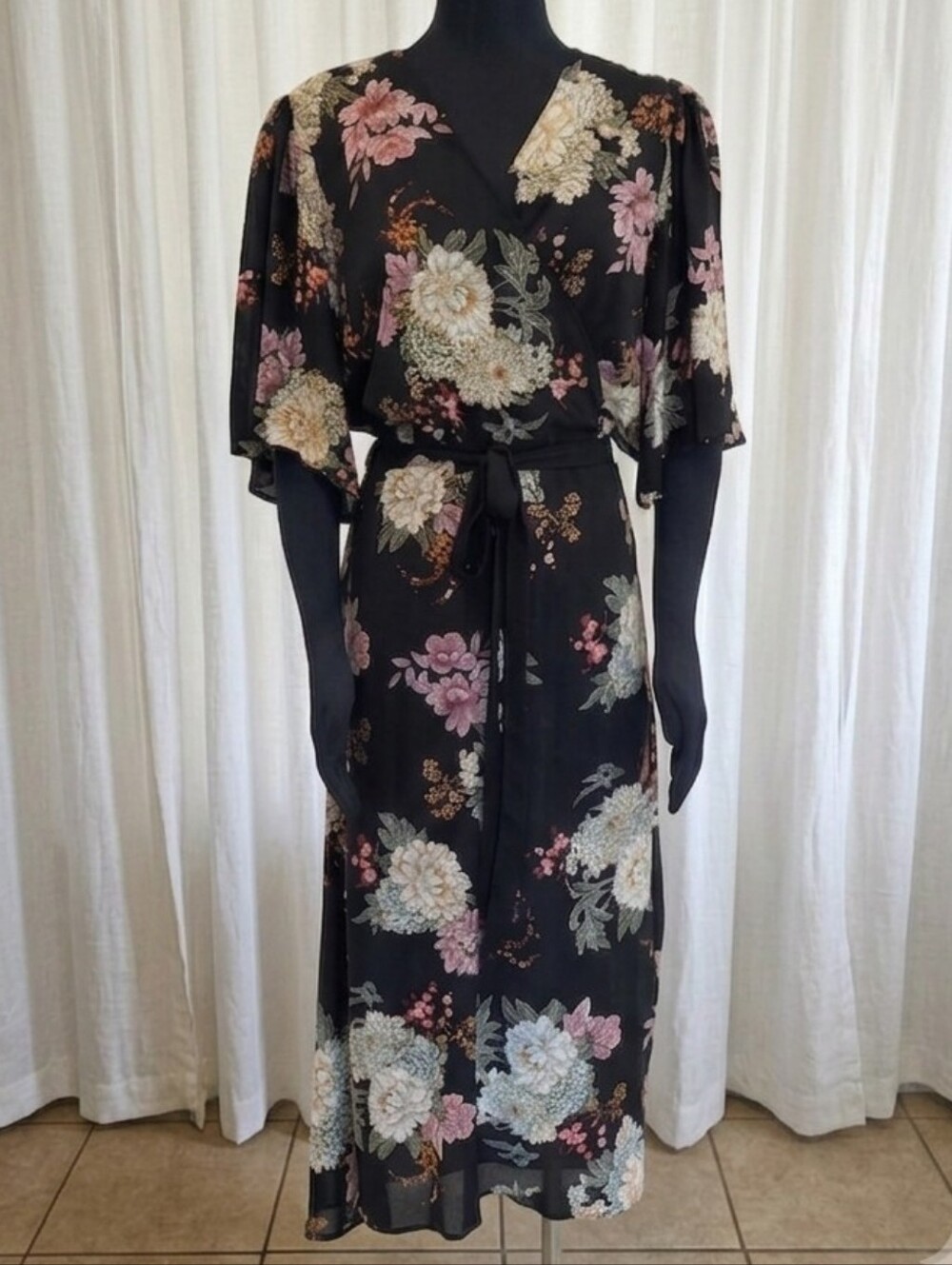 bobeau Black Floral Midi Wrap Dress with Pink & Cream Blooms